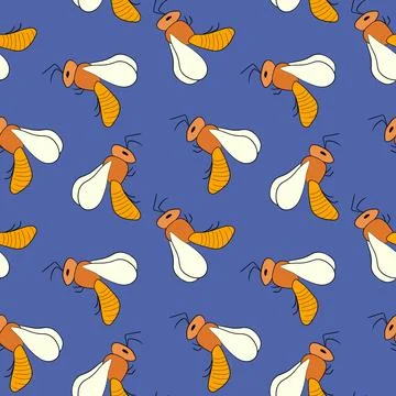 Seamless pattern with bees on color background. Small wasp. Vector illustration Stock Illustration