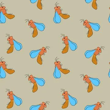 Seamless pattern with bees on color background. Small wasp. Vector illustration Illustrazione stock