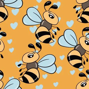 Seamless pattern with bees on color background. Small wasp. Vector illustration Stock Illustration