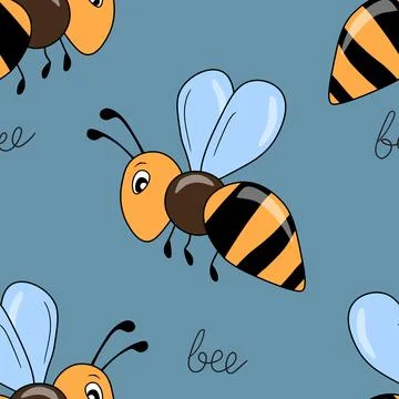 Seamless pattern with bees on color background. Small wasp. Vector illustration Stock Illustration