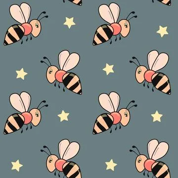 Seamless pattern with bees on color background. Small wasp. Vector illustration Stock Illustration