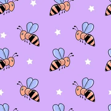 Seamless pattern with bees on color background. Small wasp. Vector illustration Stock Illustration