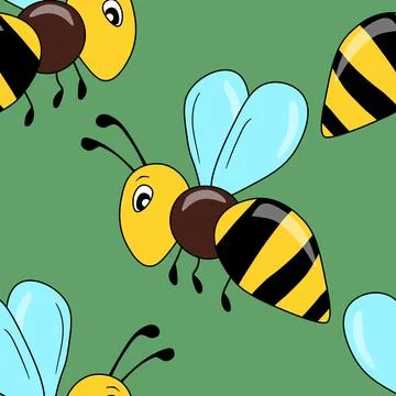 Seamless pattern with bees on color background. Small wasp. Vector illustration Stock Illustration