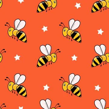 Seamless pattern with bees on color background. Small wasp. Vector illustration Illustrazione stock