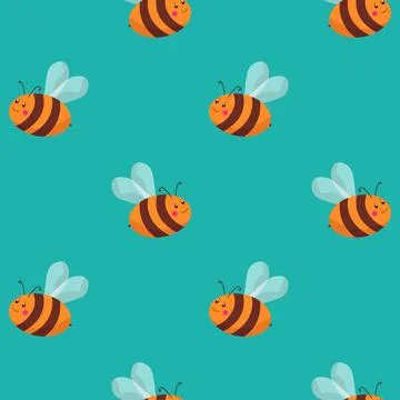 Seamless pattern with bees on color background. Small wasp. Vector illustration Stock Illustration