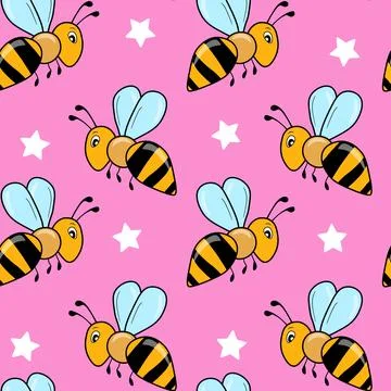 Seamless pattern with bees on color background. Small wasp. Vector illustration Stock Illustration