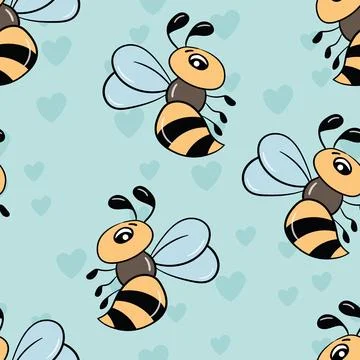 Seamless pattern with bees on color background. Small wasp. Vector illustration Illustrazione stock