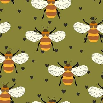 Seamless pattern with bees on color background. Small wasp. Vector illustration Stock Illustration