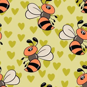 Seamless pattern with bees on color background. Small wasp. Vector illustration Stock Illustration