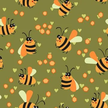 Seamless pattern with bees on color background. Small wasp. Vector illustration Illustrazione stock