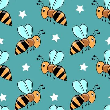 Seamless pattern with bees on color background. Small wasp. Vector illustration Stock Illustration