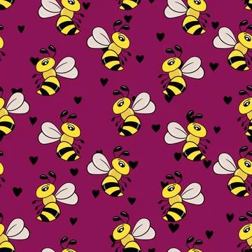 Seamless pattern with bees on color background. Small wasp. Vector illustration Illustrazione stock