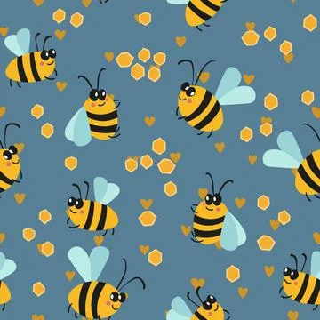 Seamless pattern with bees on color background. Small wasp. Vector illustration Stock Illustration
