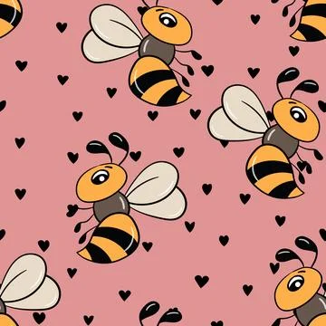 Seamless pattern with bees on color background. Small wasp. Vector illustration Illustrazione stock