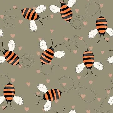 Seamless pattern with bees on color background. Small wasp. Vector illustration Stock Illustration