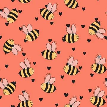 Seamless pattern with bees on color background. Small wasp. Vector illustration Illustrazione stock