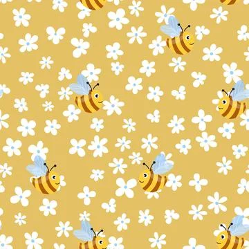 Seamless pattern with bees on color floral background. Small wasp. Vector Illustrazione stock