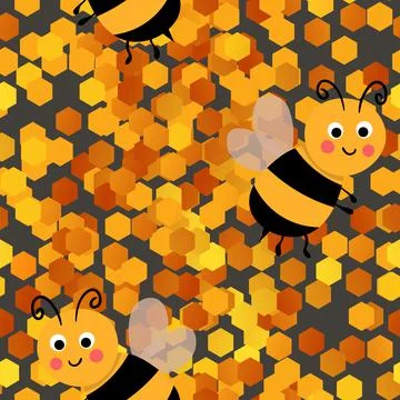 Seamless pattern with bees on color honeycomb background. Small wasp. Vector Stock Illustration