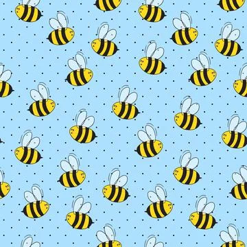 Seamless pattern with bees on color polka dots background. Small wasp. Vector 스톡 일러스트