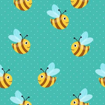 Seamless pattern with bees on color polka dots background. Small wasp. Vector Illustrazione stock