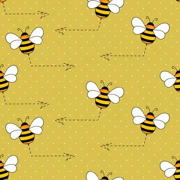 Seamless pattern with bees on color polka dots background. Small wasp. Vector Illustrazione stock