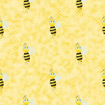 Seamless pattern with bees on color polka dots background. Small wasp. Vector Stock Illustration