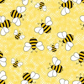 Seamless pattern with bees on color polka dots background. Small wasp. Vector Stock Illustration