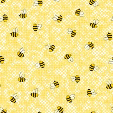 Seamless pattern with bees on color polka dots background. Small wasp. Vector Stock Illustration