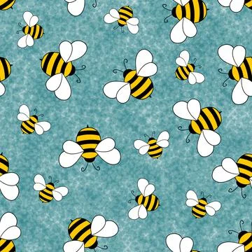 Seamless pattern with bees on color polka dots background. Small wasp. Vector Stock Illustration
