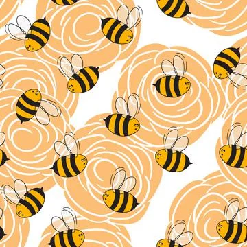 Seamless pattern with bees on floral background. Small wasp. Vector illustration Stock Illustration