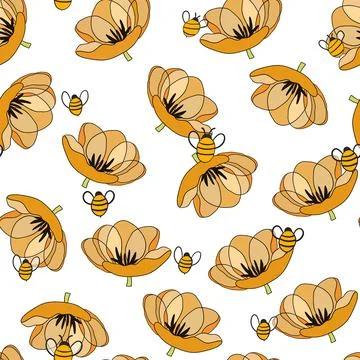 Seamless pattern with bees on floral background. Small wasp. Vector illustration イラスト素材
