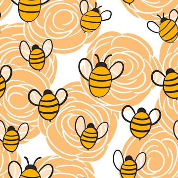 Seamless pattern with bees on floral background. Small wasp. Vector illustration Illustrazione stock