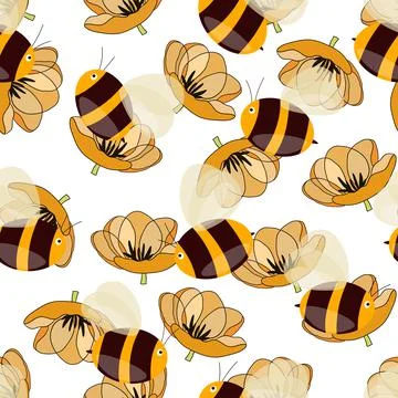 Seamless pattern with bees on floral background. Small wasp. Vector illustration Stock Illustration