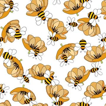 Seamless pattern with bees on floral background. Small wasp. Vector illustration Stock Illustration