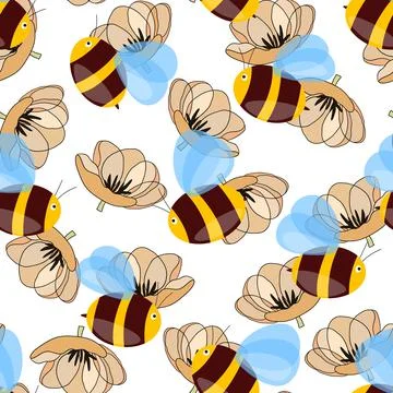 Seamless pattern with bees on floral background. Small wasp. Vector illustration Illustrazione stock