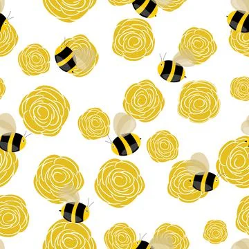 Seamless pattern with bees on floral background. Small wasp. Vector illustration Stock Illustration