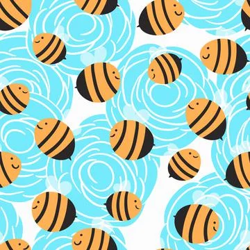 Seamless pattern with bees on floral background. Small wasp. Vector illustration イラスト素材