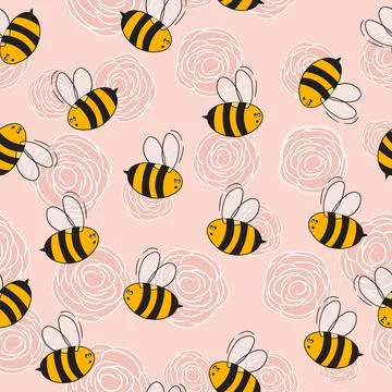 Seamless pattern with bees on floral background. Small wasp. Vector illustration Stock Illustration