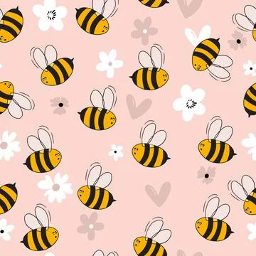 Seamless pattern with bees on floral background. Small wasp. Vector illustration Illustrazione stock