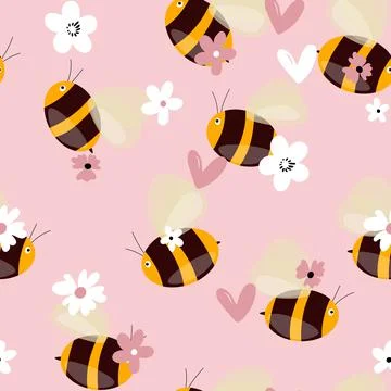 Seamless pattern with bees on floral background. Small wasp. Vector illustration Illustrazione stock