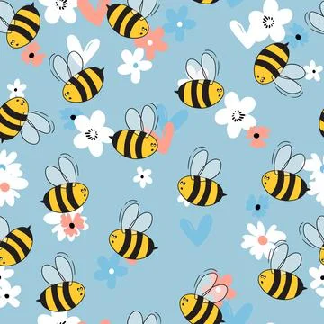 Seamless pattern with bees on floral background. Small wasp. Vector illustration Illustrazione stock