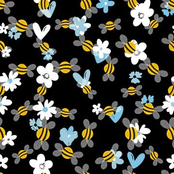 Seamless pattern with bees on floral background. Small wasp. Vector illustration イラスト素材