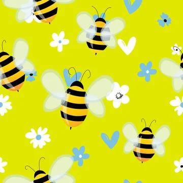Seamless pattern with bees on floral background. Small wasp. Vector illustration Illustrazione stock