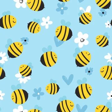 Seamless pattern with bees on floral background. Small wasp. Vector illustration Stock Illustration