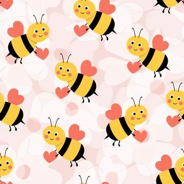 Seamless pattern with bees on floral background. Small wasp. Vector illustration Stock Illustration
