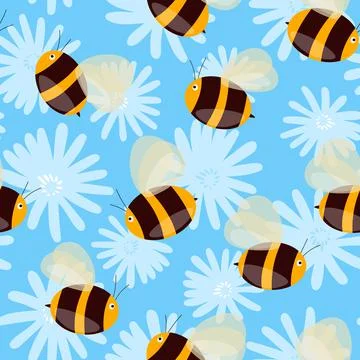 Seamless pattern with bees on floral background. Small wasp. Vector illustration Stock Illustration