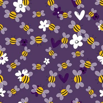 Seamless pattern with bees on floral background. Small wasp. Vector illustration Stock Illustration