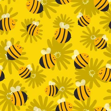 Seamless pattern with bees on floral background. Small wasp. Vector illustration Stock Illustration