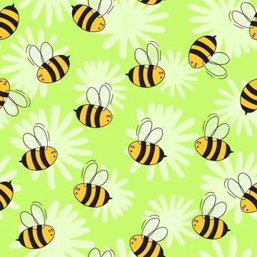 Seamless pattern with bees on floral background. Small wasp. Vector illustration Stock Illustration