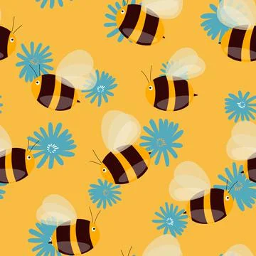 Seamless pattern with bees on floral background. Small wasp. Vector illustration Stock Illustration